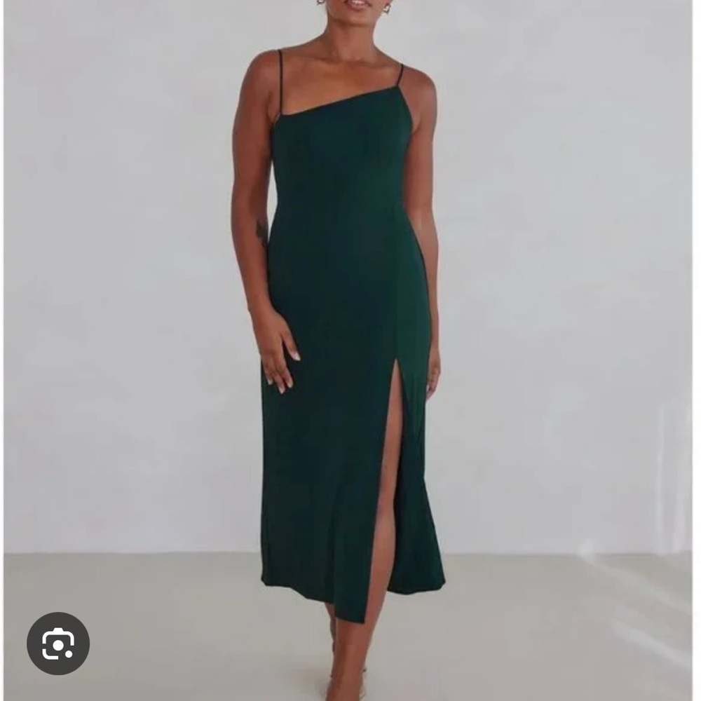 Park & Fifth Forest Green One-Shoulder Slit Midi Dress